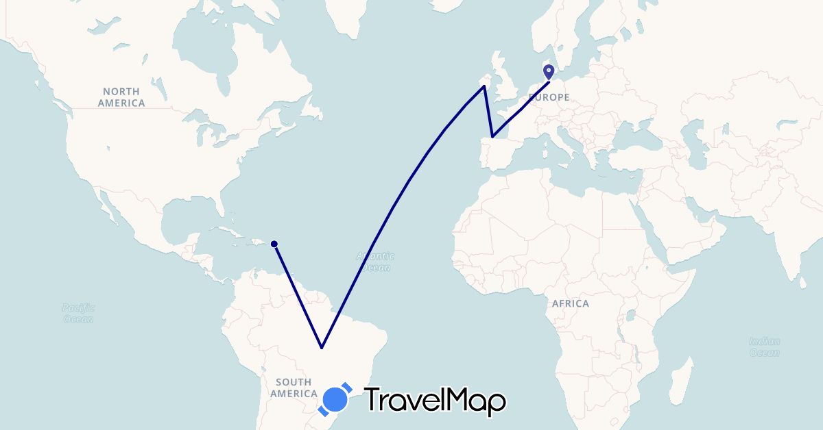 TravelMap itinerary: driving in Brazil, Germany, Spain, France, Ireland, United States (Europe, North America, South America)